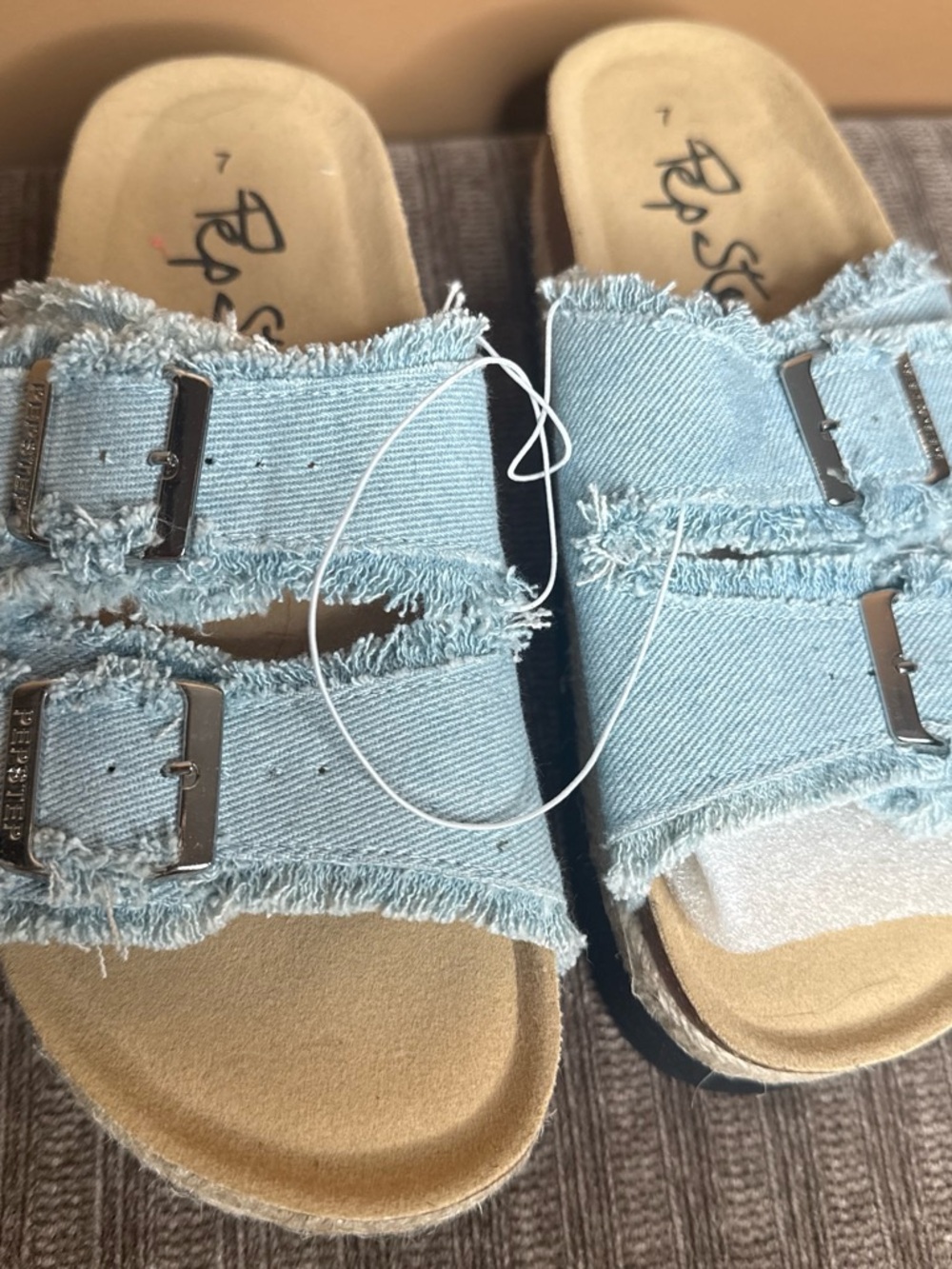 Women's Frayed Double-Buckle Slide Sandals in Light Blue Denim